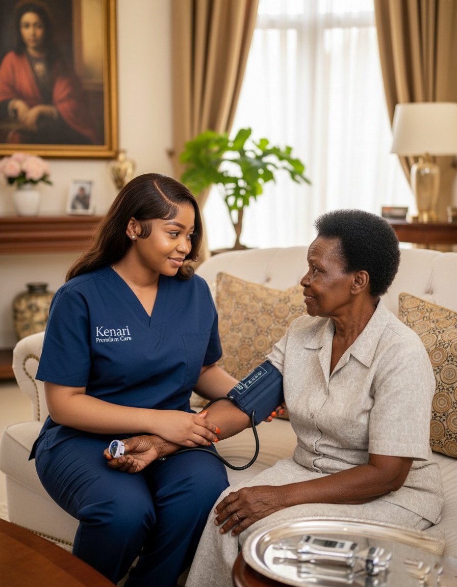 kenari nurse taking vitals of an elderly lady